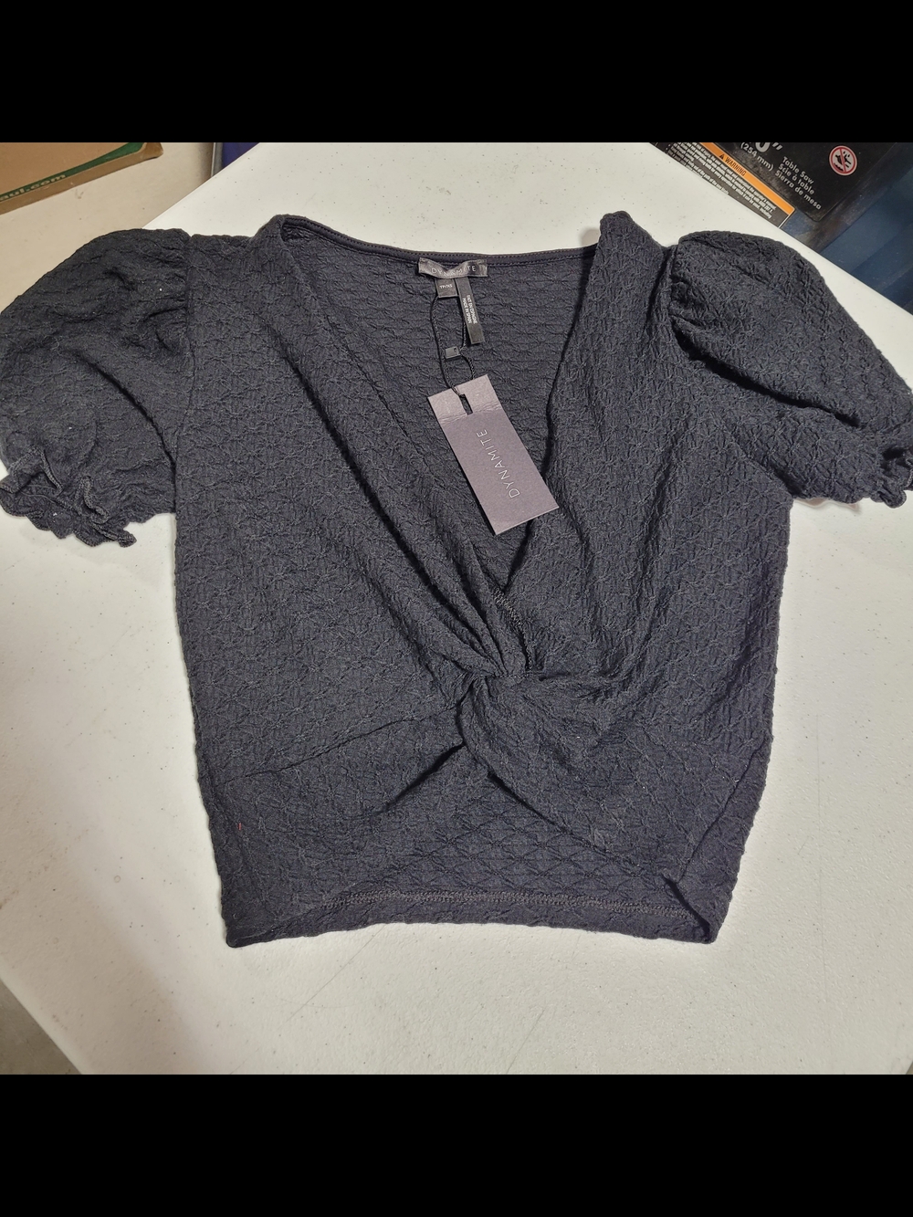 Black Twist-Front Puff Sleeve Top - Picture 1 of 4